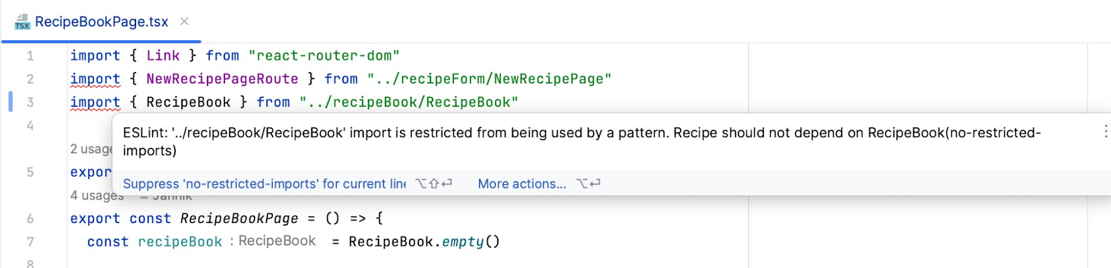 An IDE displaying a warning that the location of the file causes forbidden coupling in the project 