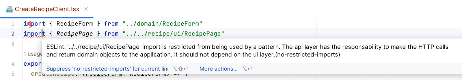 An IDE showing that layers with different responsibilities have been mixed, and a reminder of the roles of the layers in question.