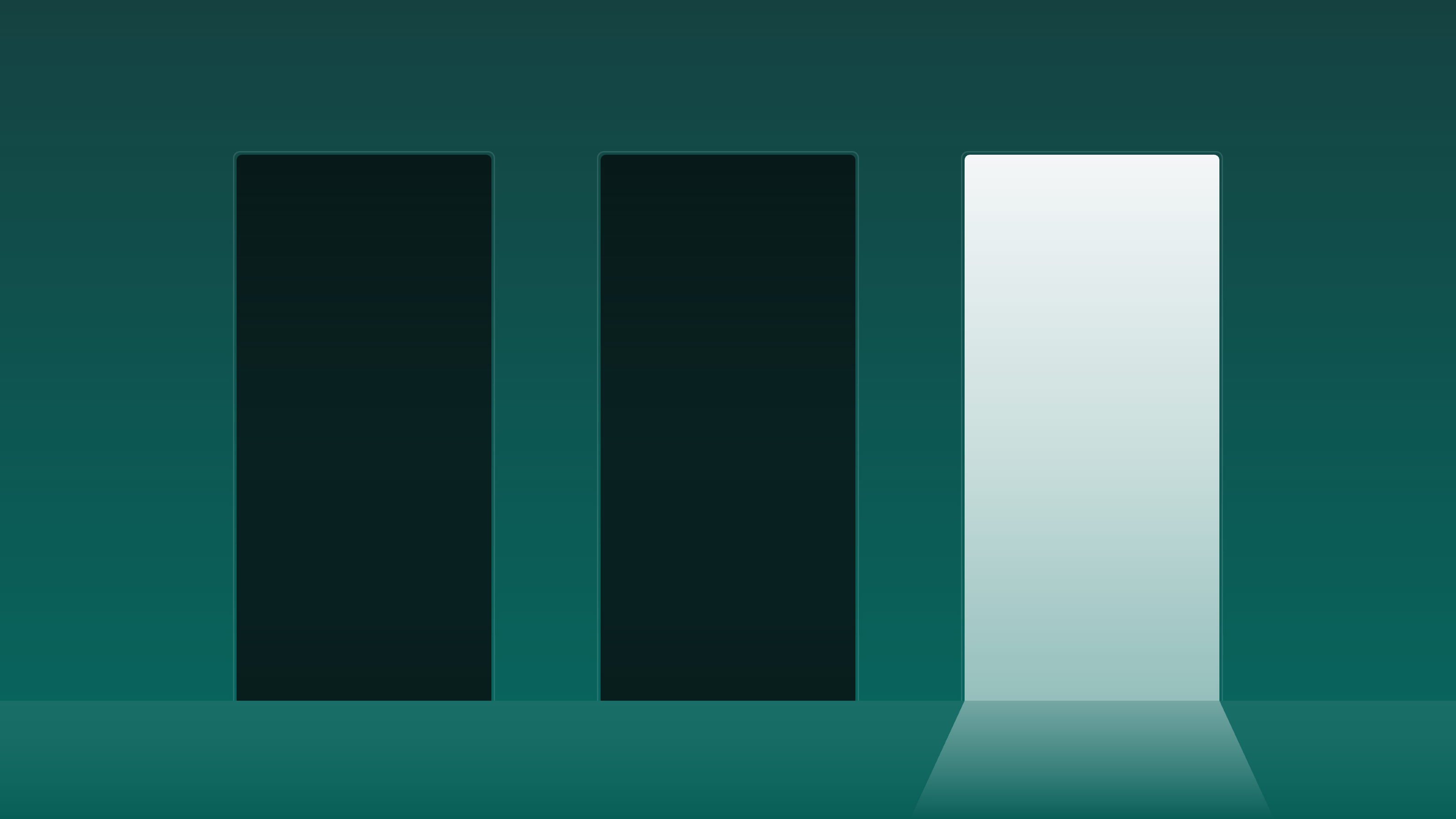 Three doors symbolizing the three pitfalls to avoid in an AI project, with a path that goes around them